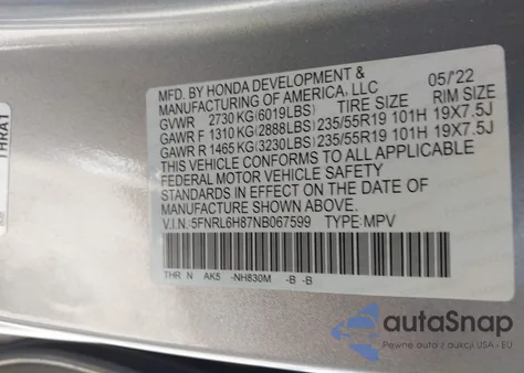 2022 Honda Odyssey Touring from USA, damaged, VIN 5FNRL6H87NB067599
